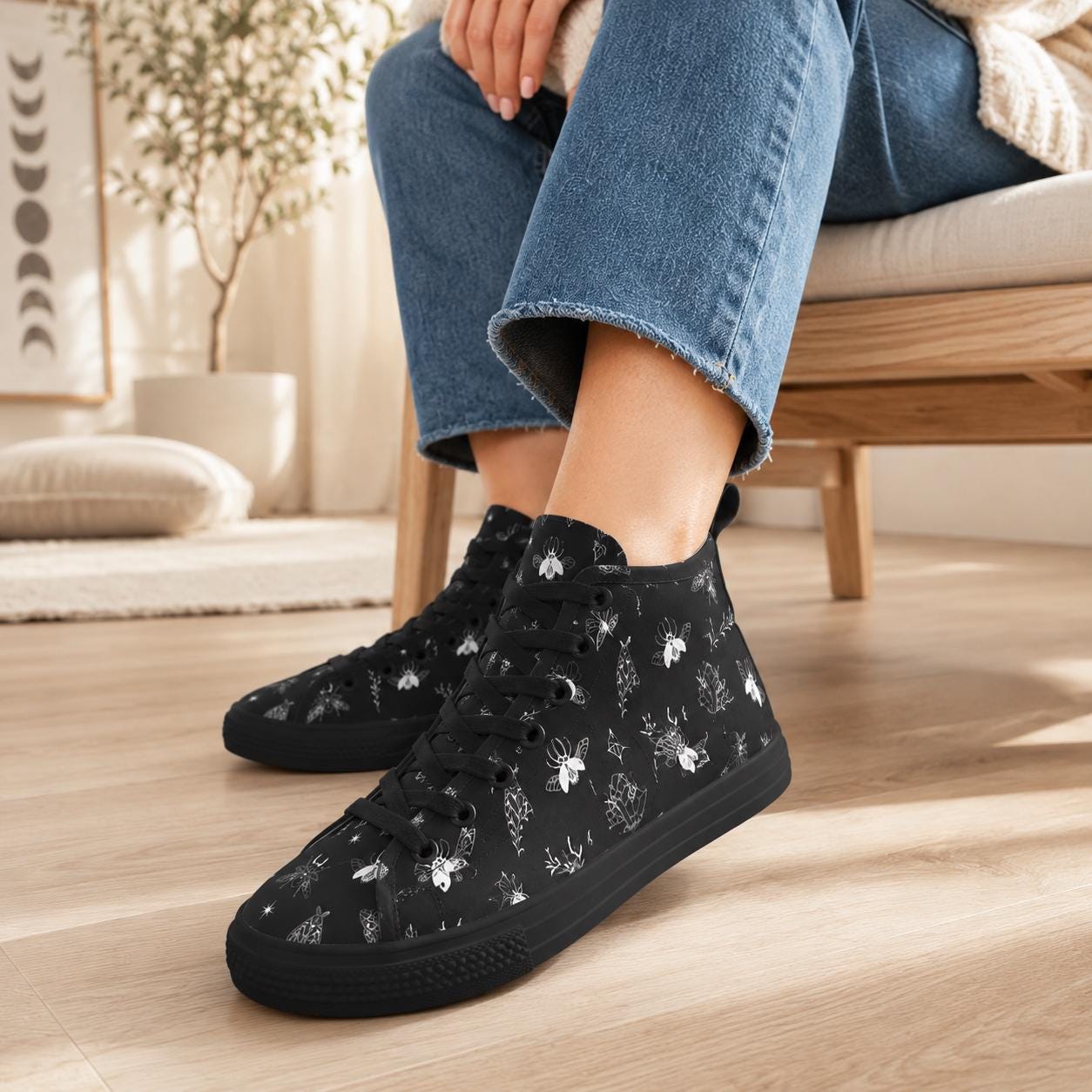 Bee and Botanical Line Art High Top Sneakers in Black