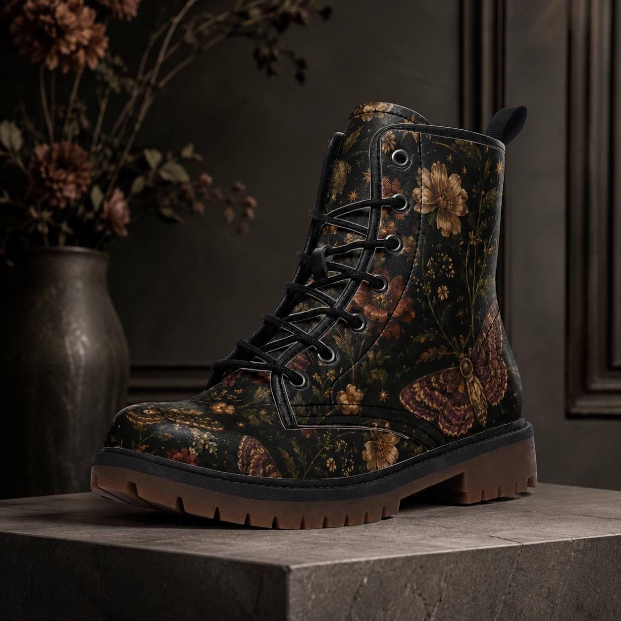 Dark Floral Moth Print Combat Boots with Lace Up Front