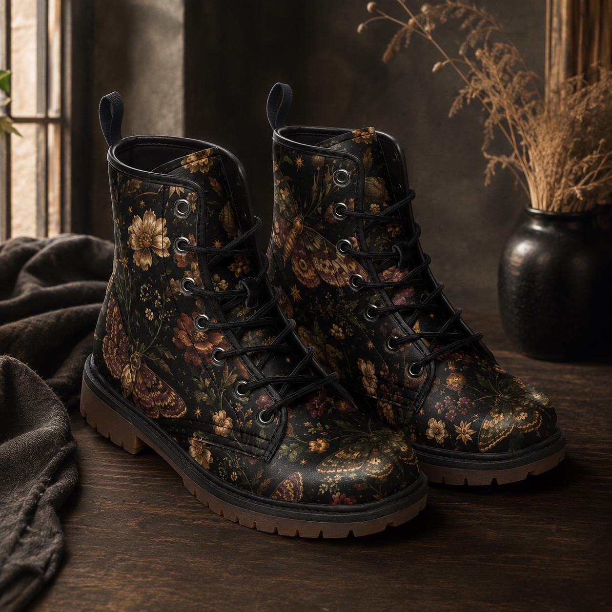 Dark Floral Moth Print Combat Boots with Lace Up Front