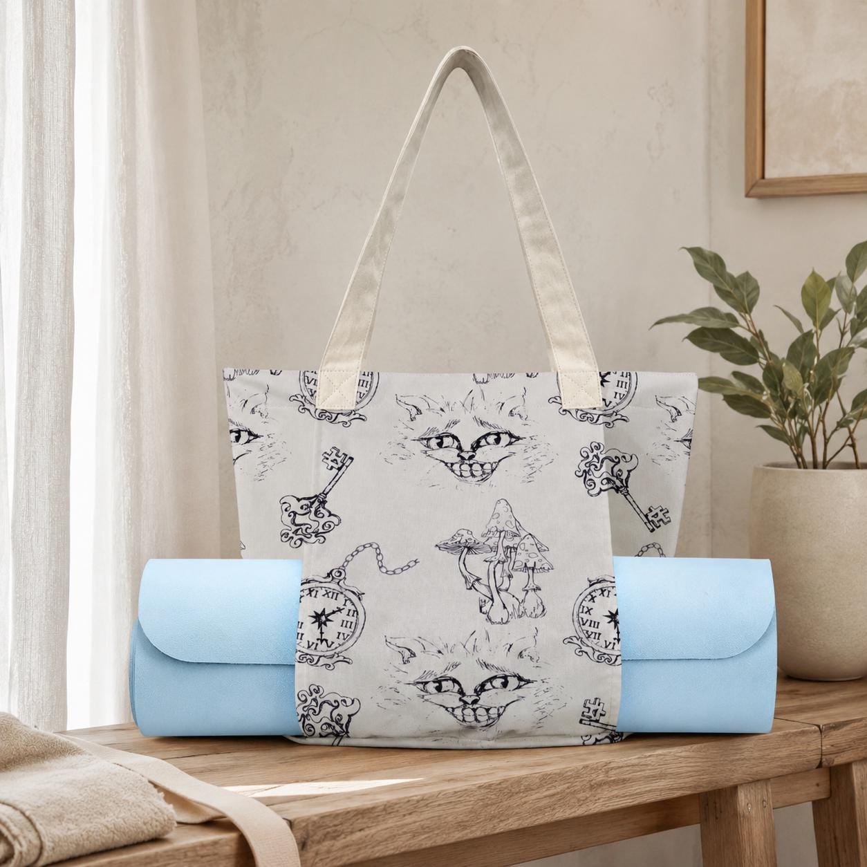 Alice in Wonderland Yoga Tote Bag, Cheshire Cat Gym Bag With Mat Holder