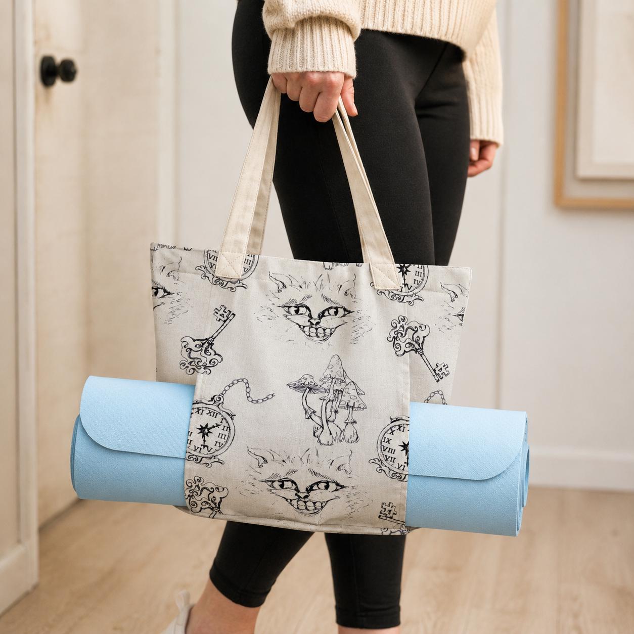 Alice in Wonderland Yoga Tote Bag, Cheshire Cat Gym Bag With Mat Holder