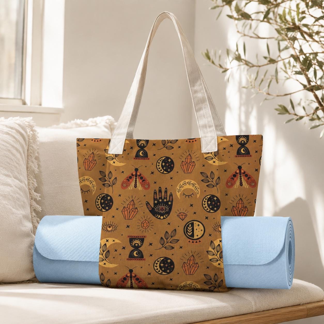 Celestial Moth Yoga Tote Bag, Mustard Moon Phase Gym Bag with Mat Holder