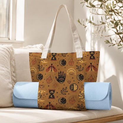 Celestial Moth Yoga Tote Bag, Mustard Moon Phase Gym Bag with Mat Holder