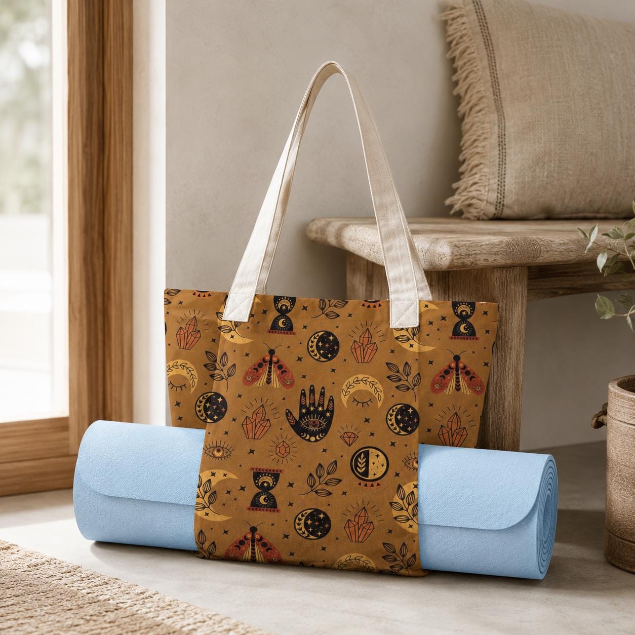 Celestial Moth Yoga Tote Bag, Mustard Moon Phase Gym Bag with Mat Holder