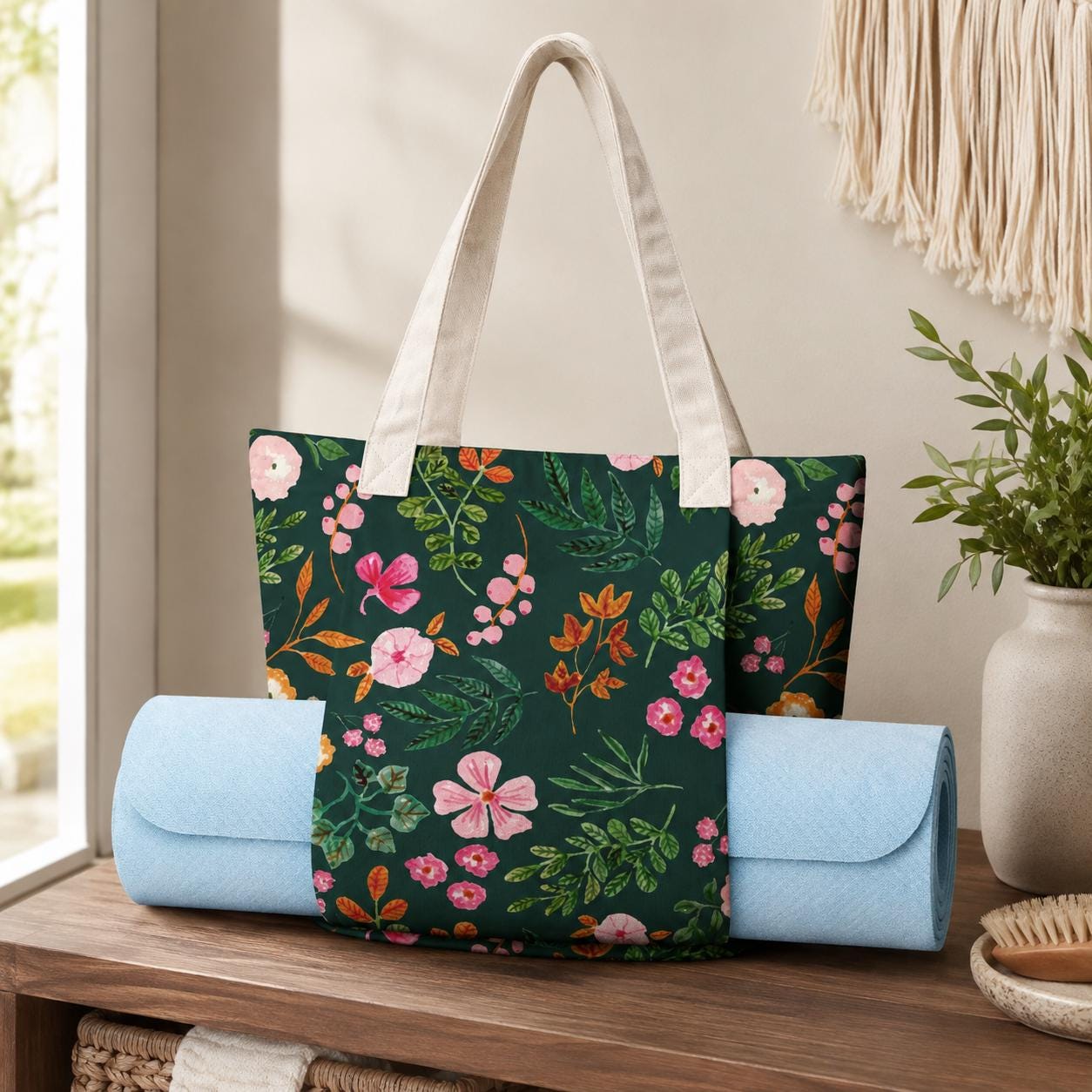 Wildflower Yoga Mat Tote Bag, Dark Green Floral Gym Carrier, Cottagecore Pilates Tote
