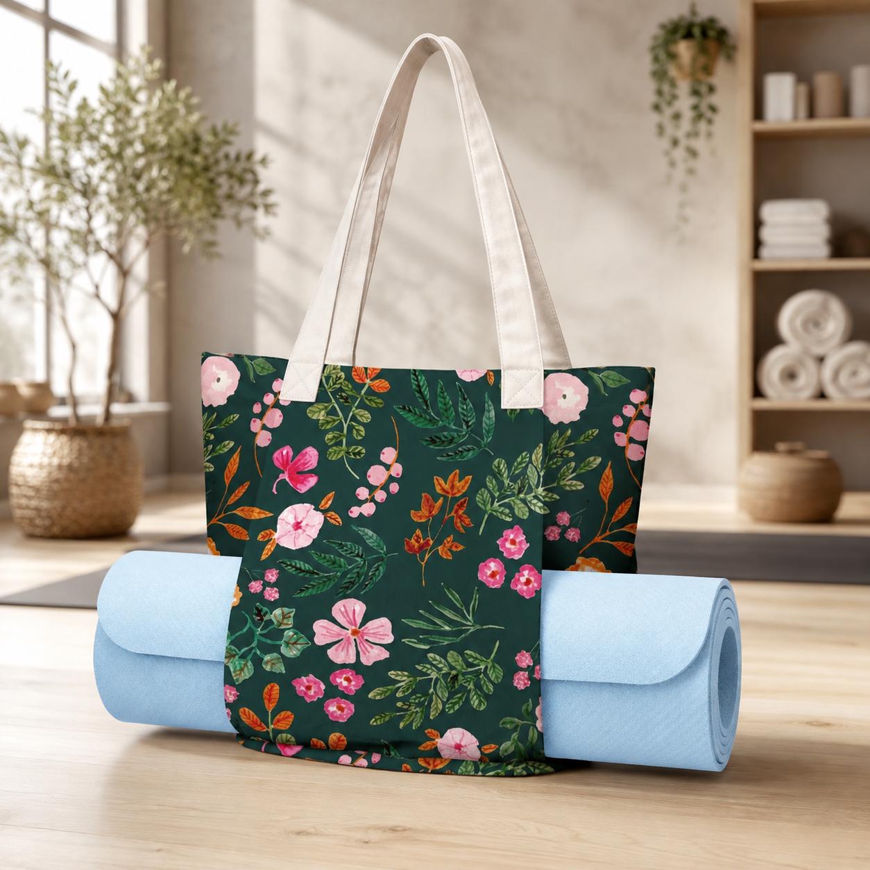 Wildflower Yoga Mat Tote Bag, Dark Green Floral Gym Carrier, Cottagecore Pilates Tote