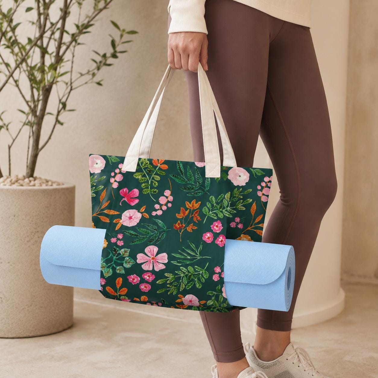 Wildflower Yoga Mat Tote Bag, Dark Green Floral Gym Carrier, Cottagecore Pilates Tote