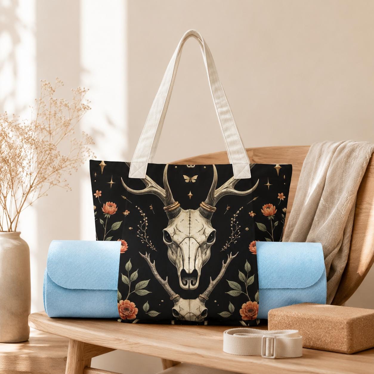 Witchy Yoga Mat Tote Bag, Cattle Skull Floral Gym Bag, Gothic Pilates Carrier