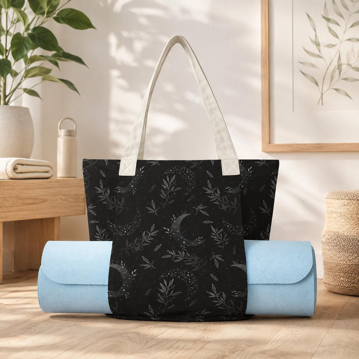 Black Celestial Yoga Mat Tote: Moon, Stars, Botanical Print (Mat Compartment)