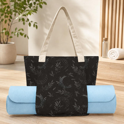 Black Celestial Yoga Mat Tote: Moon, Stars, Botanical Print (Mat Compartment)