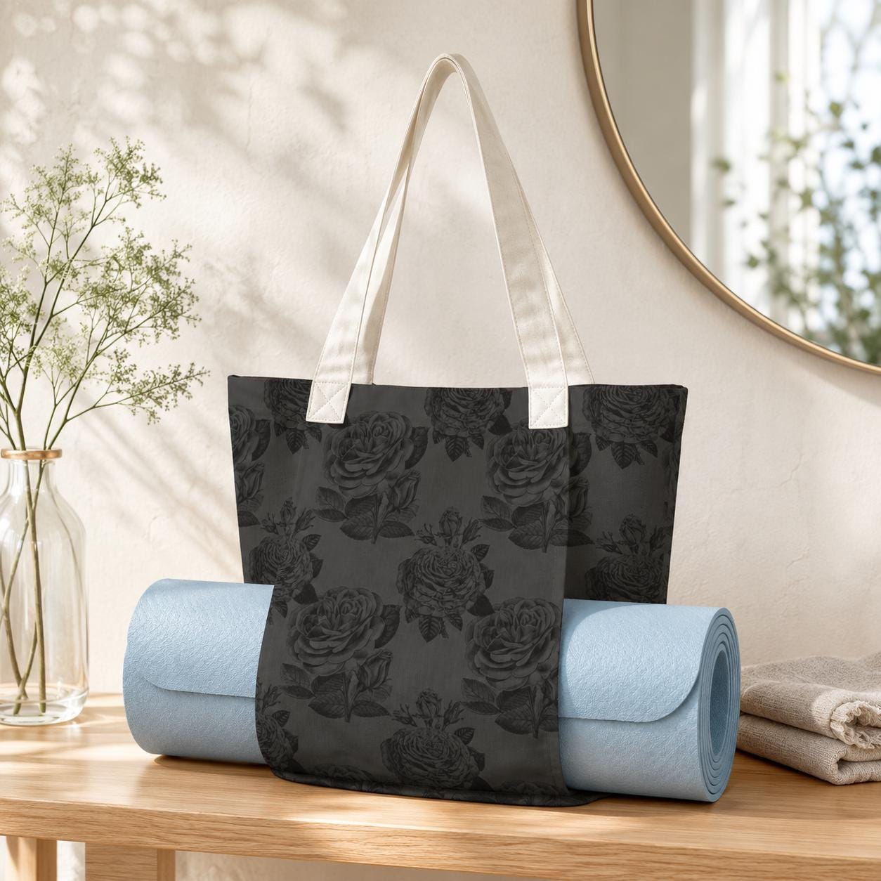 Dark Floral Yoga Mat Tote Bag, Black Rose Print Gym Shoulder Bag