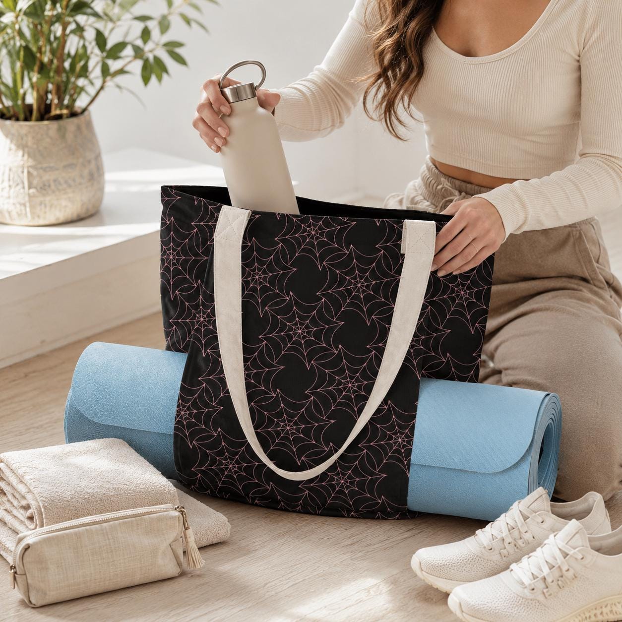 Celestial Star Print Yoga Mat Tote Bag, Black Canvas Shoulder Bag