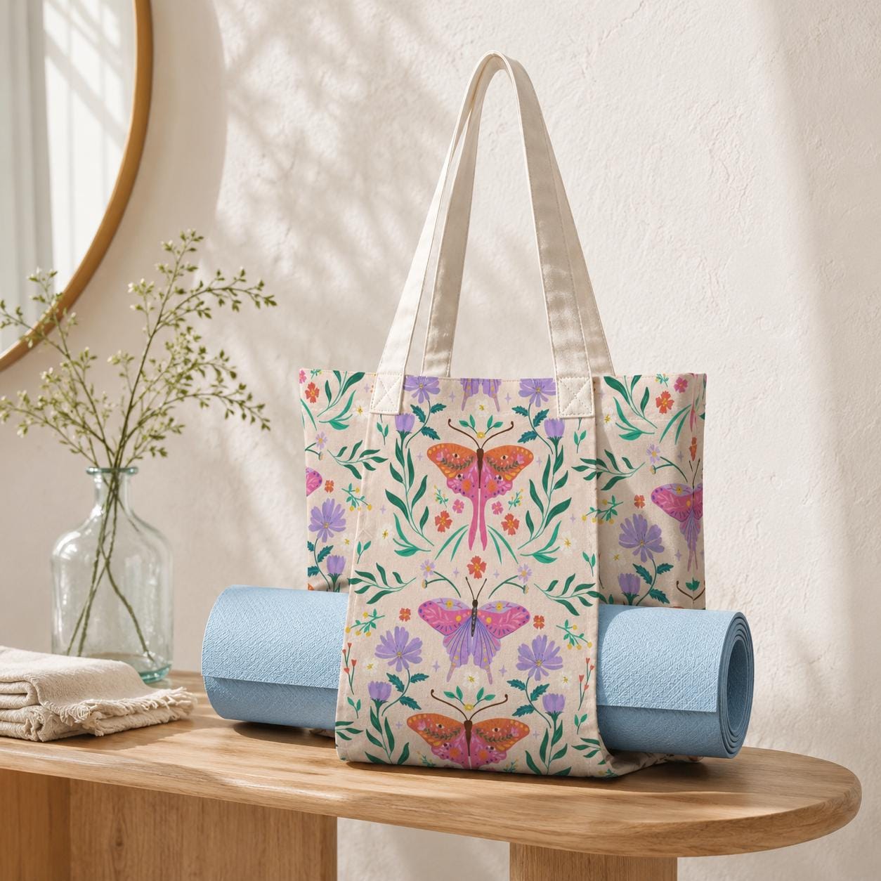Art Nouveau Butterfly Yoga Mat Tote Bag, Pastel Floral Canvas Shoulder Bag