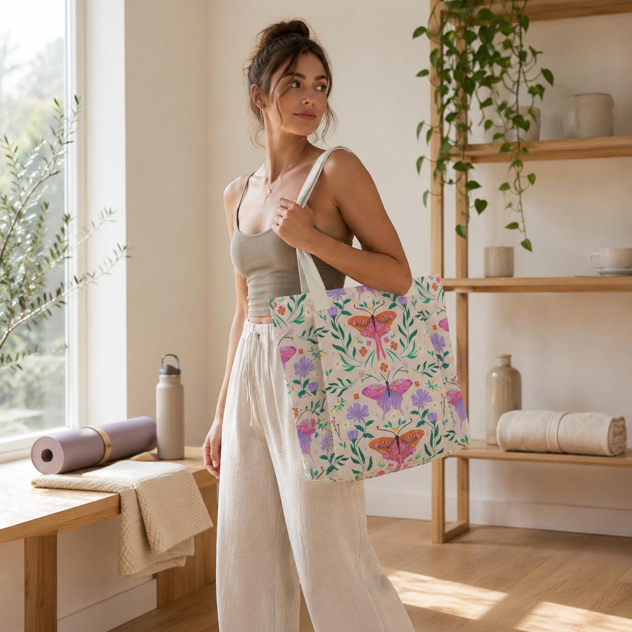Art Nouveau Butterfly Yoga Mat Tote Bag, Pastel Floral Canvas Shoulder Bag