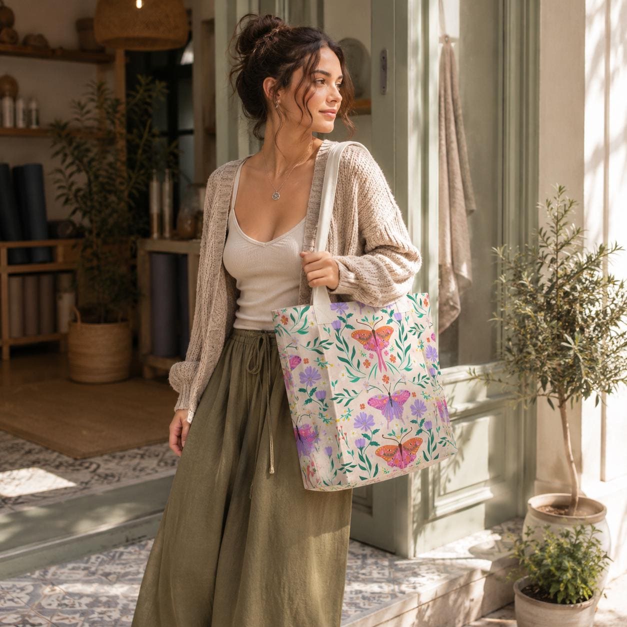Art Nouveau Butterfly Yoga Mat Tote Bag, Pastel Floral Canvas Shoulder Bag