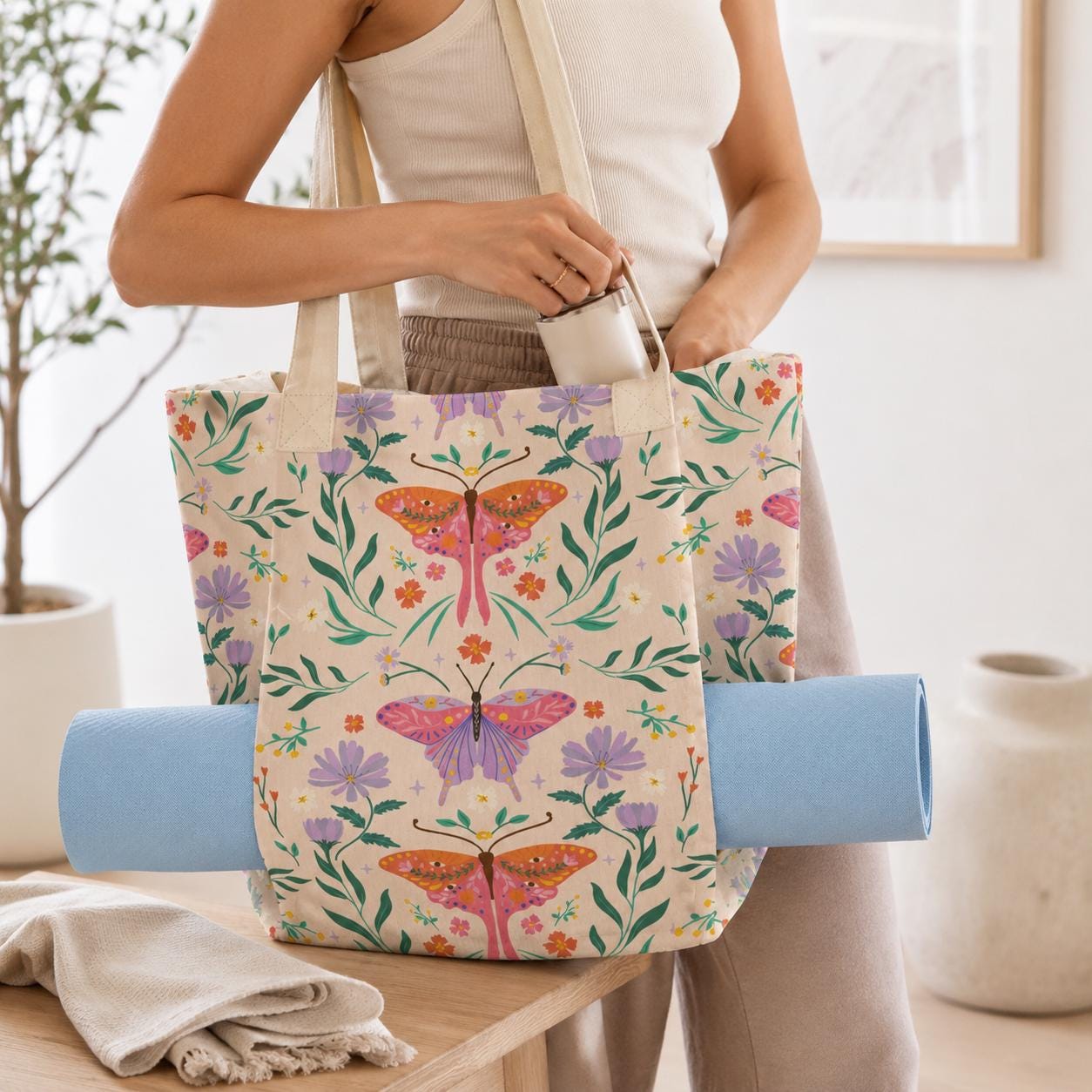 Art Nouveau Butterfly Yoga Mat Tote Bag, Pastel Floral Canvas Shoulder Bag
