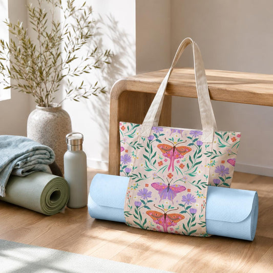 Art Nouveau Butterfly Yoga Mat Tote Bag, Pastel Floral Canvas Shoulder Bag