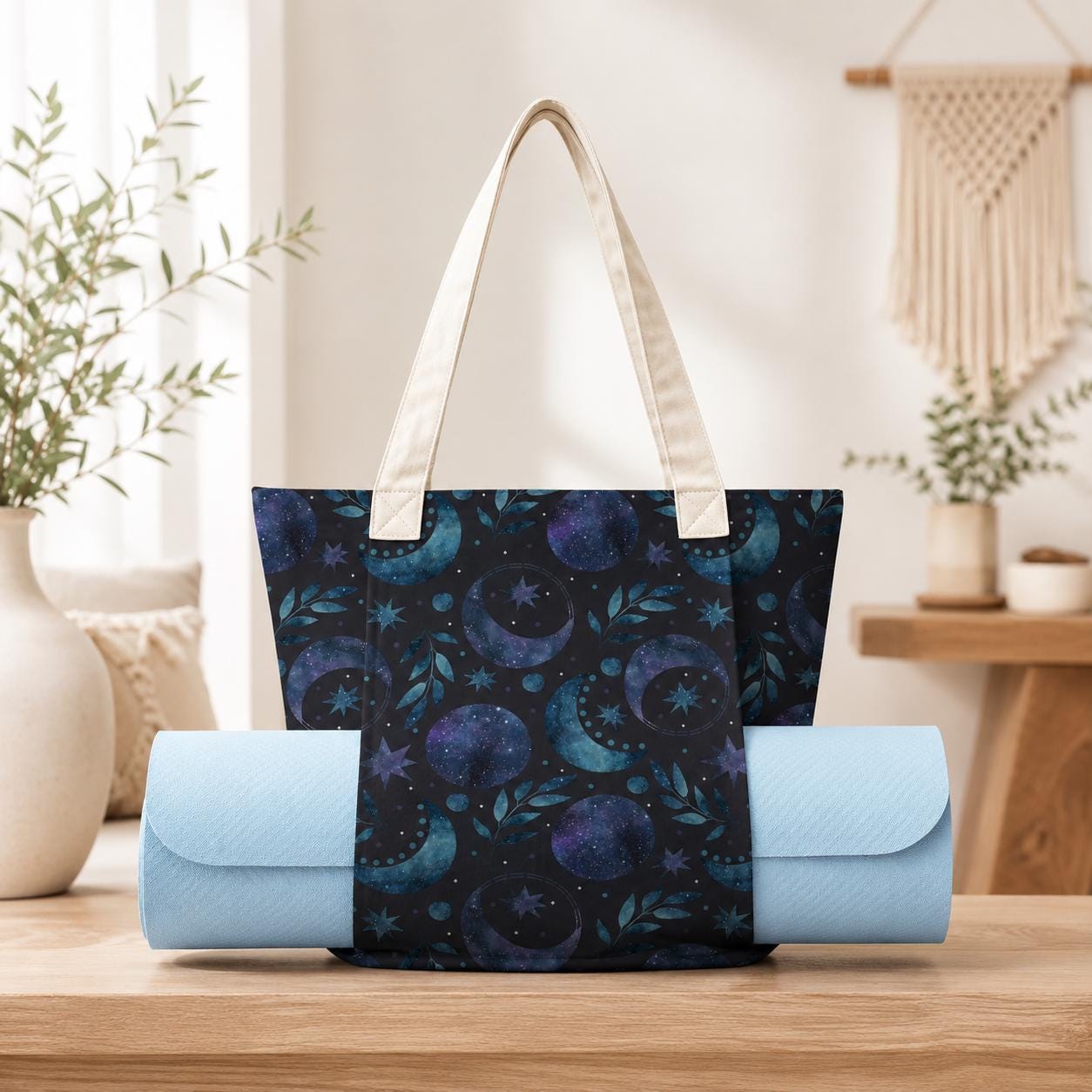 Moon Phase Yoga Mat Bag, Celestial Watercolor Tote with Mat Holder