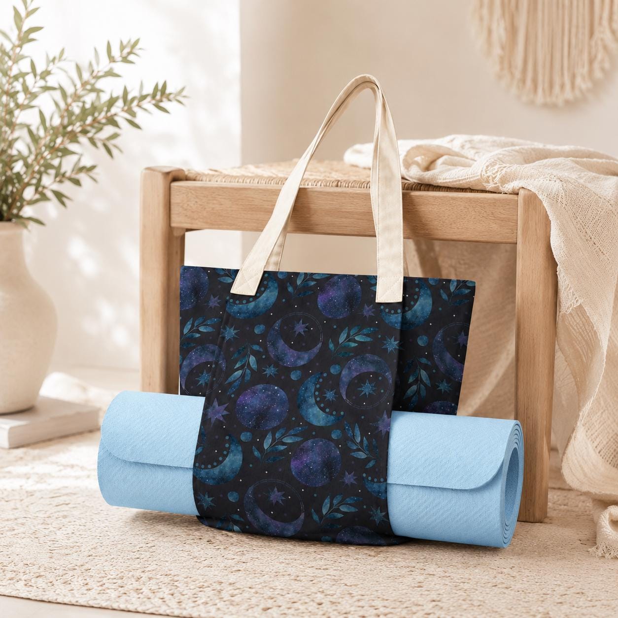 Moon Phase Yoga Mat Bag, Celestial Watercolor Tote with Mat Holder