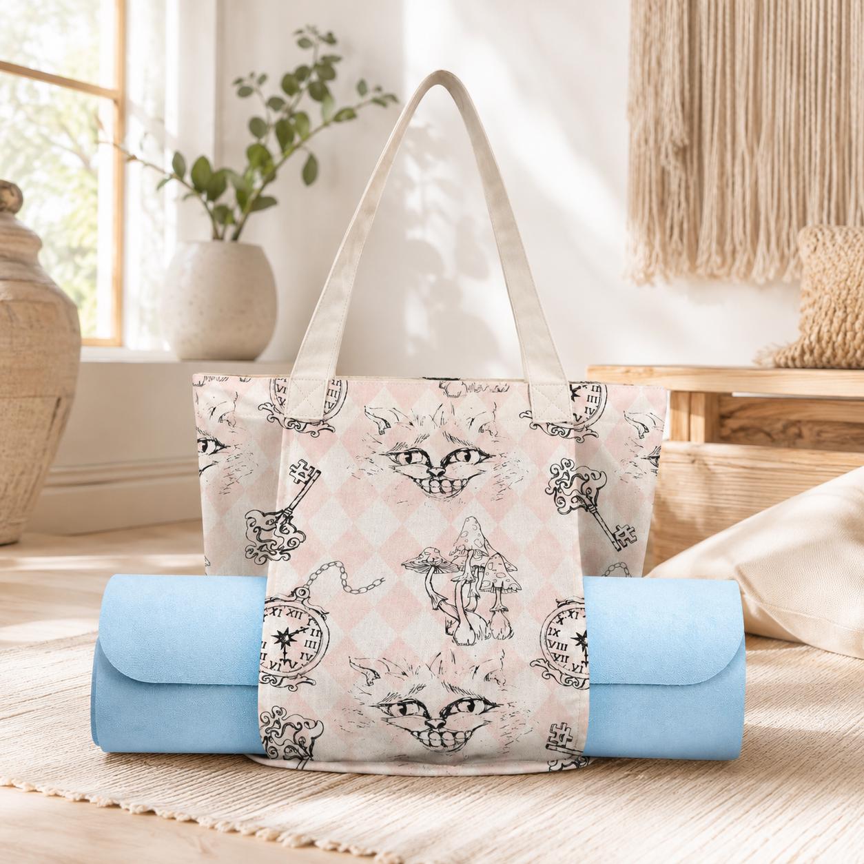 Whimsical Cat Harlequin Canvas Tote Bag, Storybook Keys Mushrooms Print
