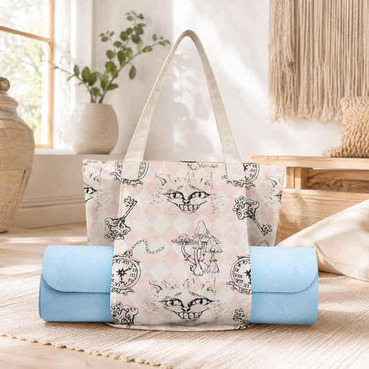 Whimsical Cat Harlequin Canvas Tote Bag, Storybook Keys Mushrooms Print