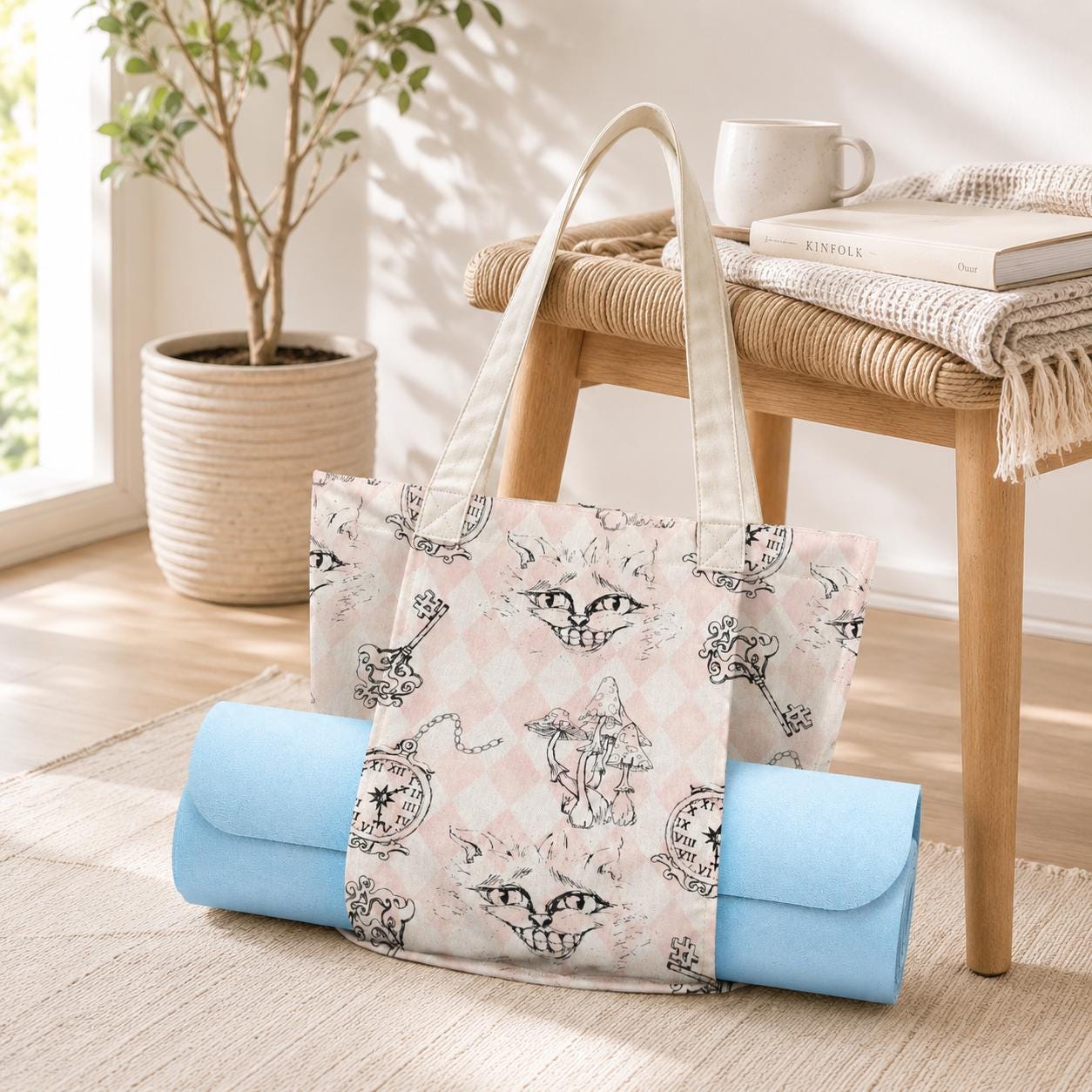 Whimsical Cat Harlequin Canvas Tote Bag, Storybook Keys Mushrooms Print