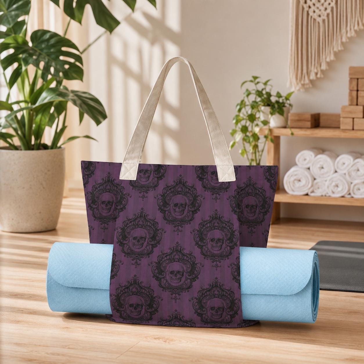 Gothic Skull Tote Bag, Purple Victorian Damask Canvas Shoulder Bag, Large Witchy Everyday Use