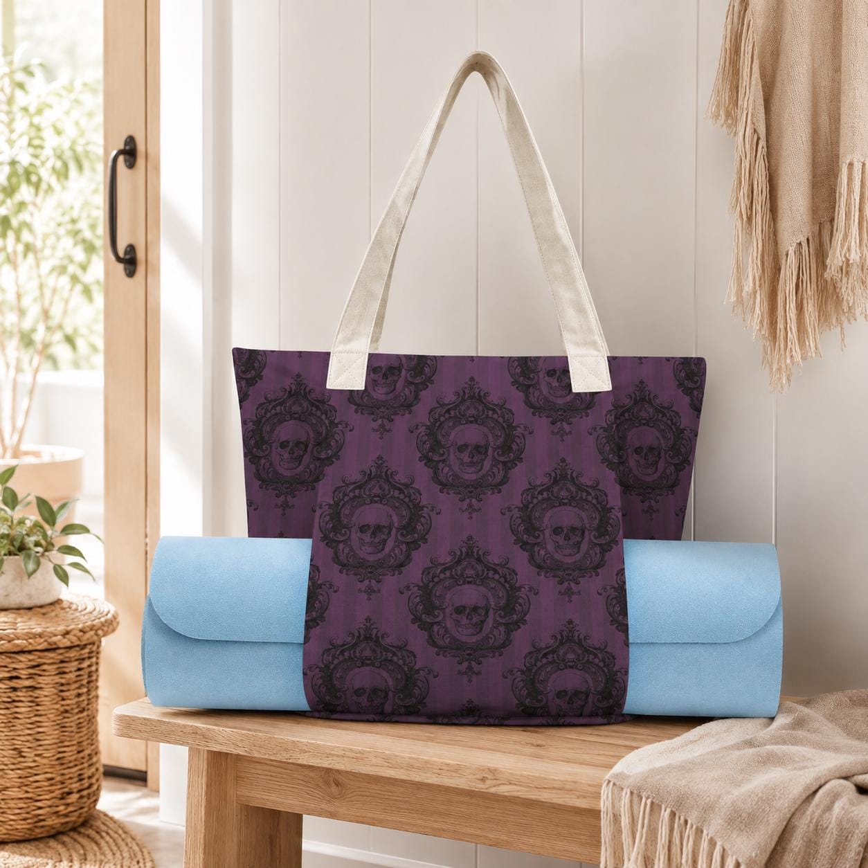 Gothic Skull Tote Bag, Purple Victorian Damask Canvas Shoulder Bag, Large Witchy Everyday Use