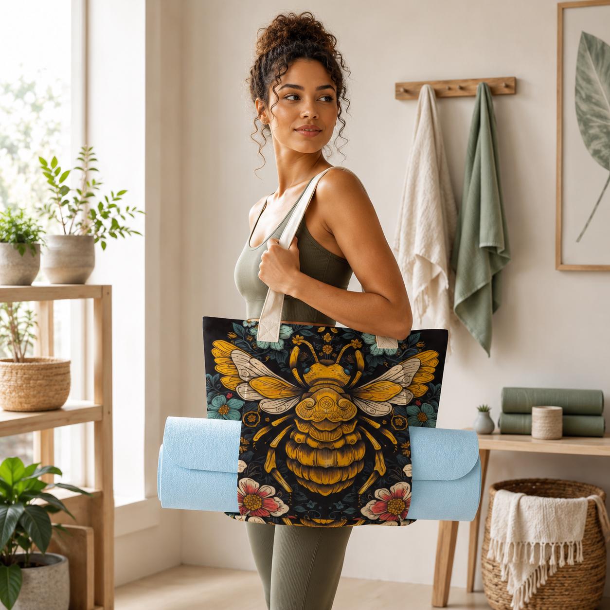 Golden Bee and Wildflower Print Yoga Tote Bag with Blue Mat Pockets