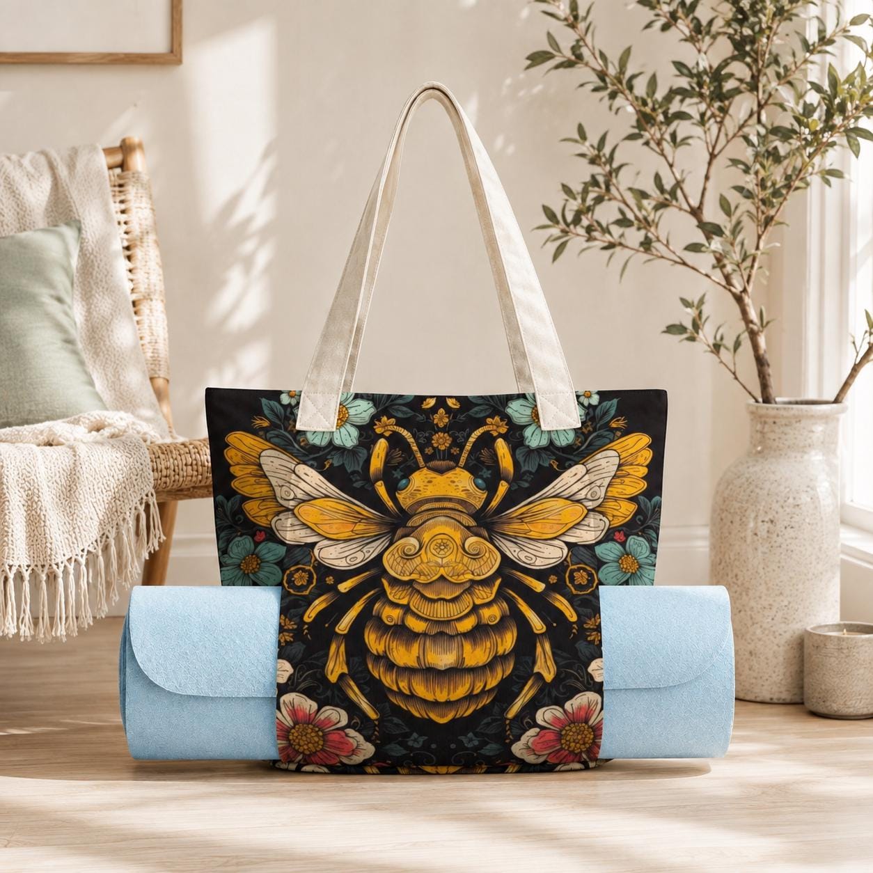 Golden Bee and Wildflower Print Yoga Tote Bag with Blue Mat Pockets