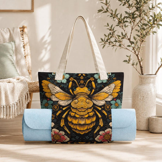 Golden Bee and Wildflower Print Yoga Tote Bag with Blue Mat Pockets