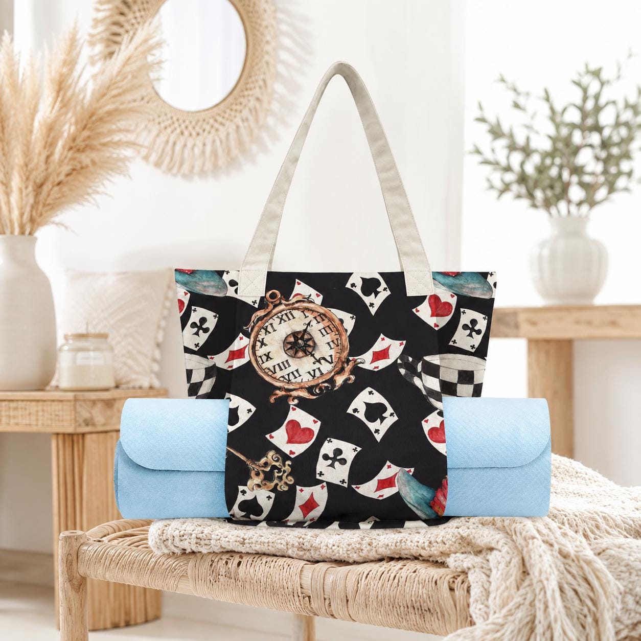 Black Playing Card and Vintage Clock Print Tote Bag with Light Blue Panels