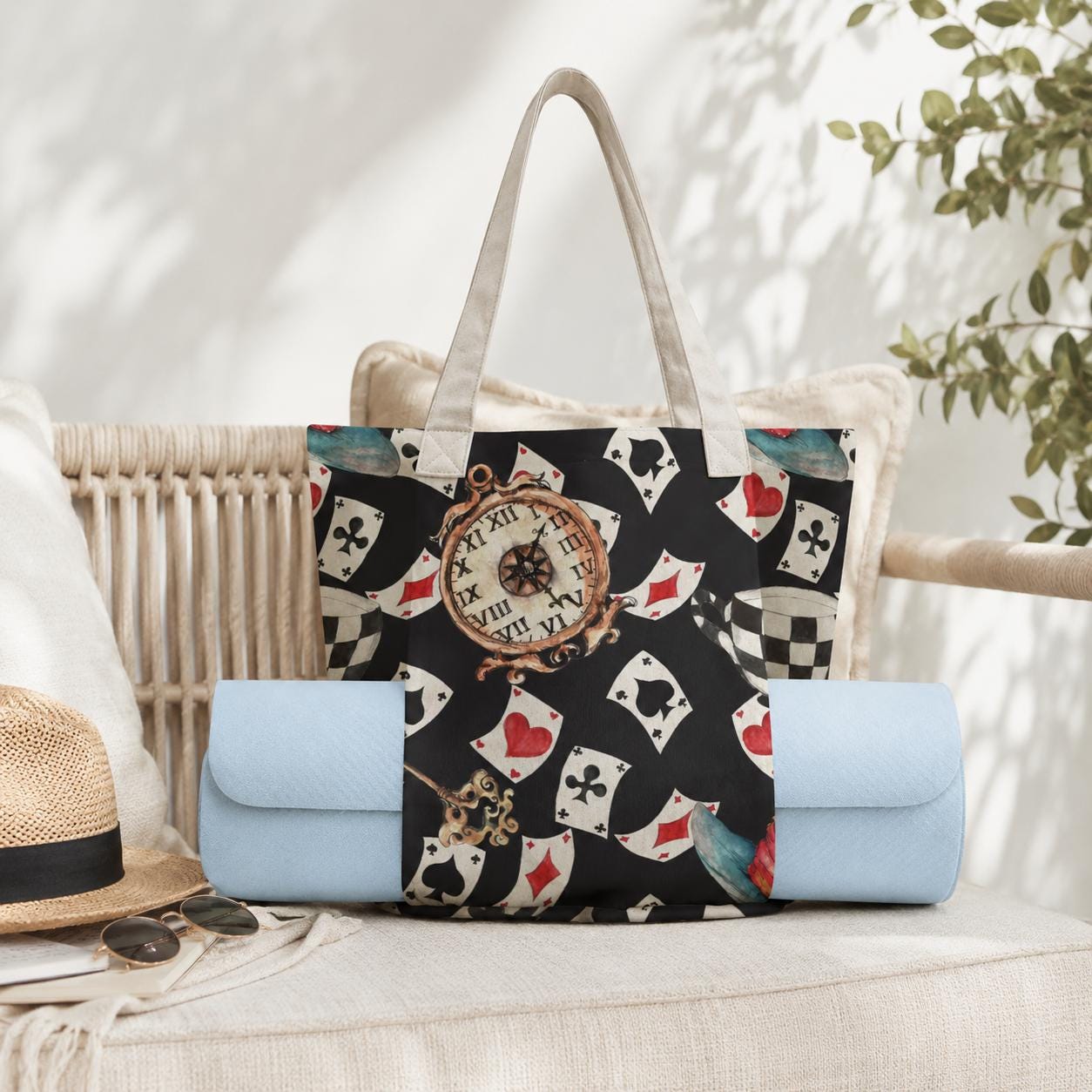 Black Playing Card and Vintage Clock Print Tote Bag with Light Blue Panels