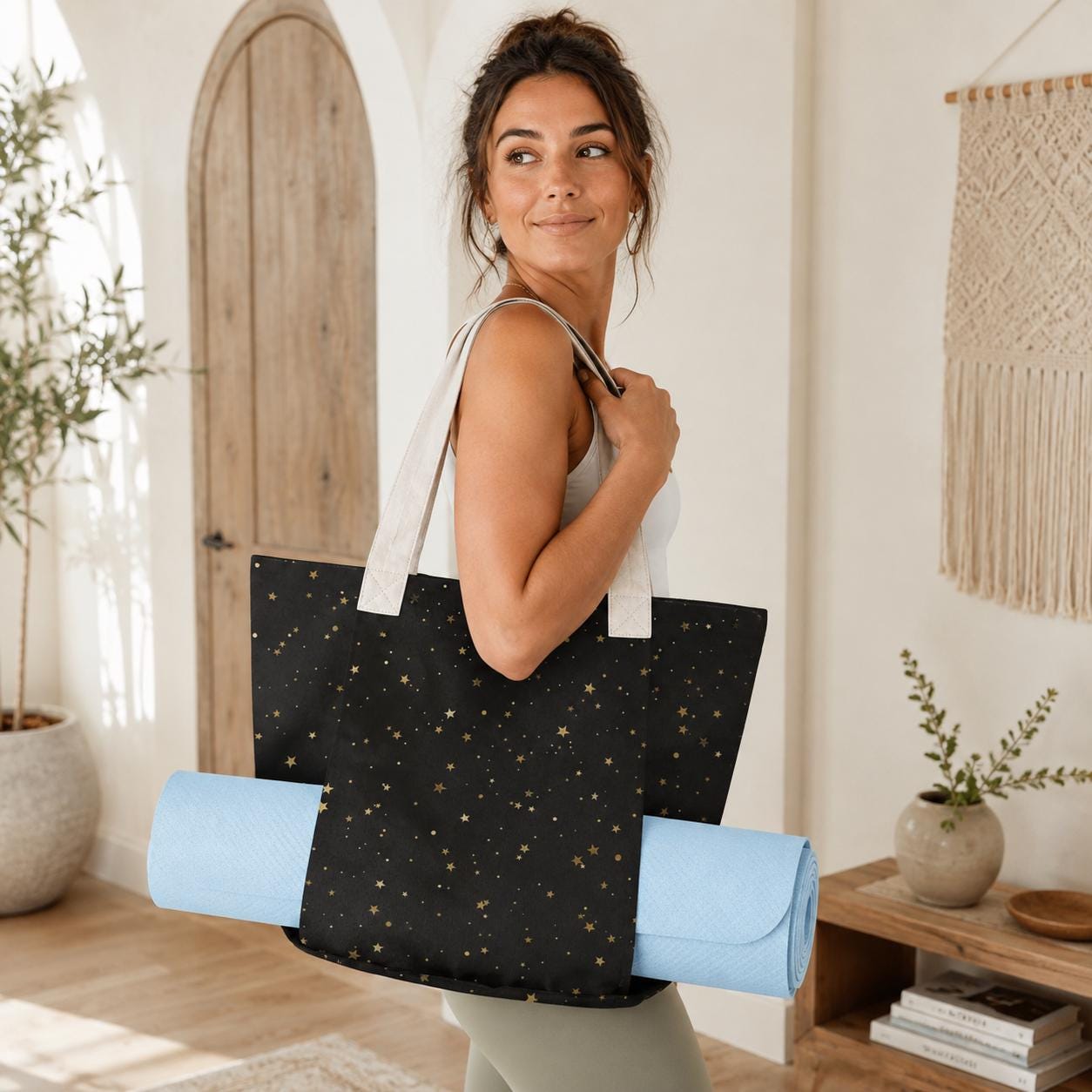 Gold Star Black Canvas Tote Bag, Celestial Night Shoulder Bag, Yoga Work Carry