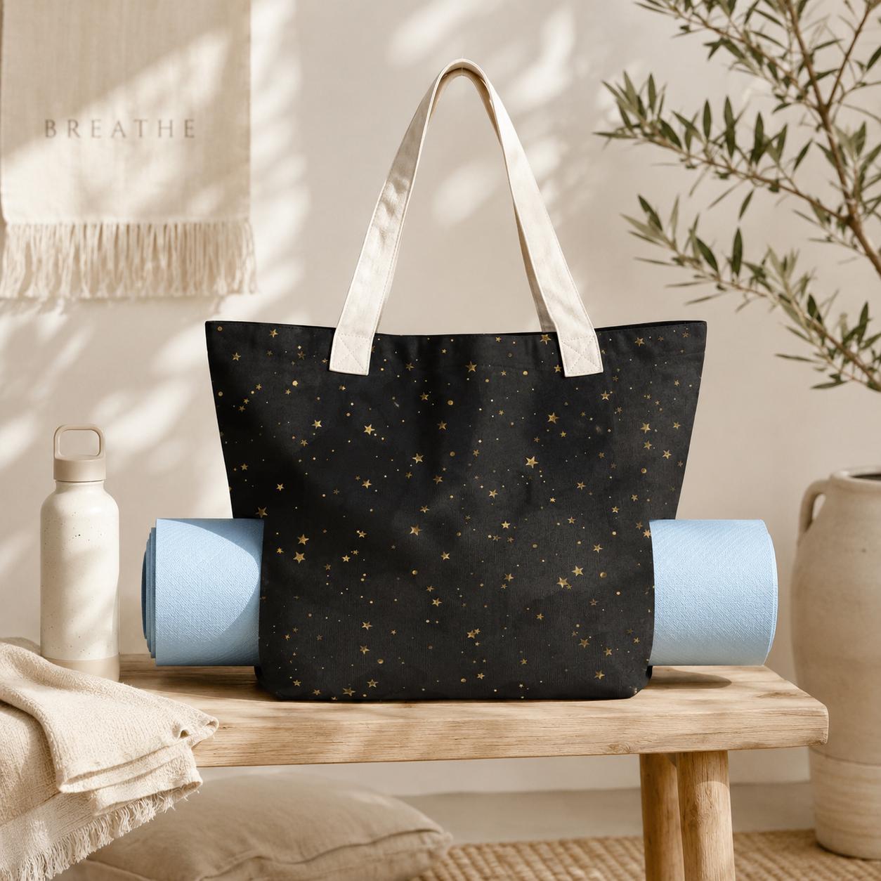 Gold Star Black Canvas Tote Bag, Celestial Night Shoulder Bag, Yoga Work Carry