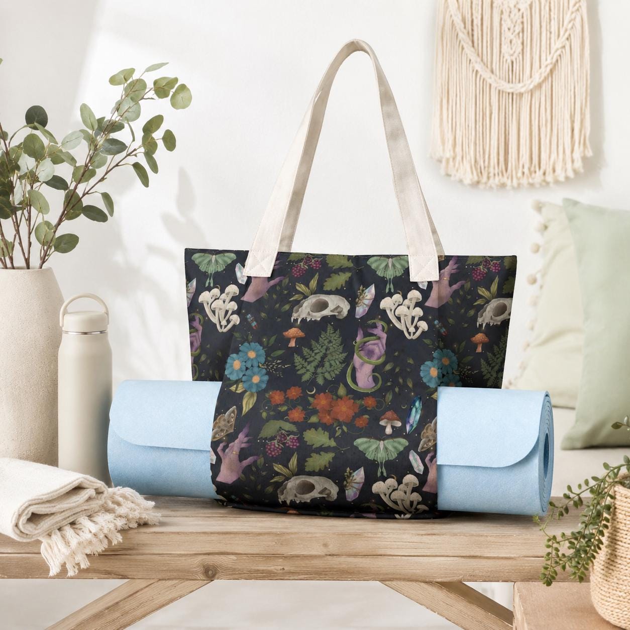 Witchy Skull, Purple Snake and Mushroom Yoga Mat Tote