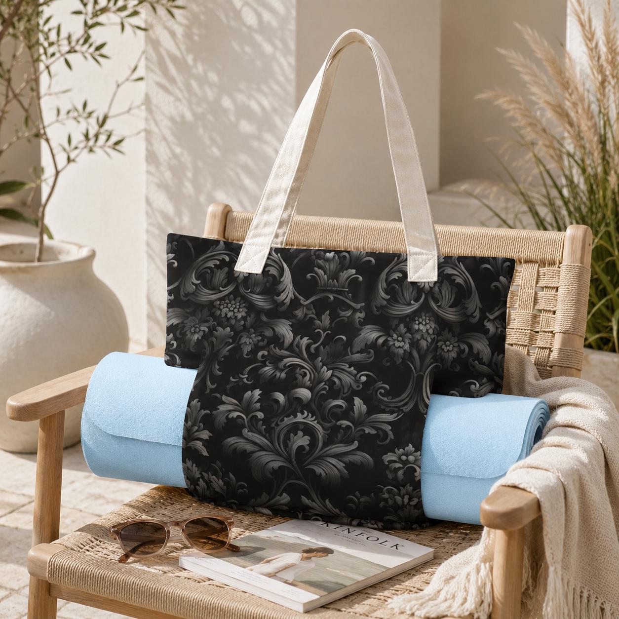 Dark Floral Tote Bag with Contrast Straps, Black and Deep Green Botanical Print