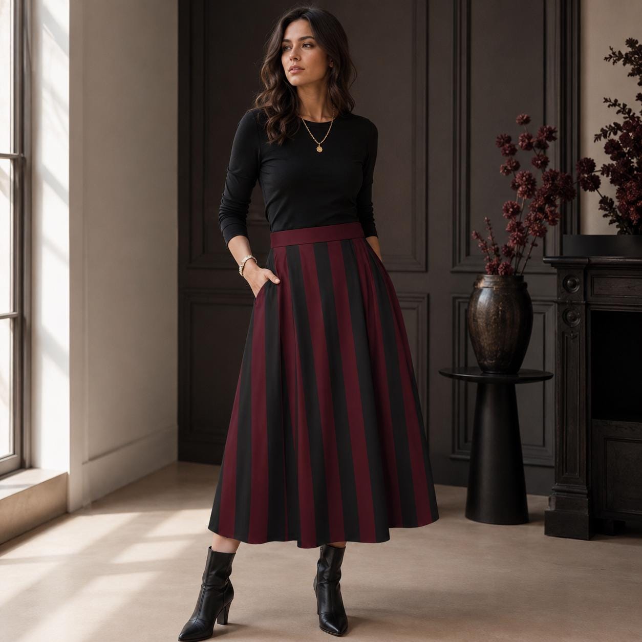 Burgundy Black Striped Midi Skirt, High Waist A Line With Pockets