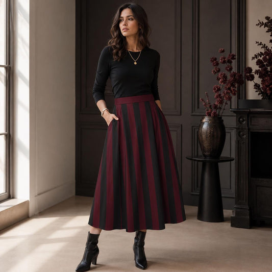 Burgundy Black Striped Midi Skirt, High Waist A Line With Pockets