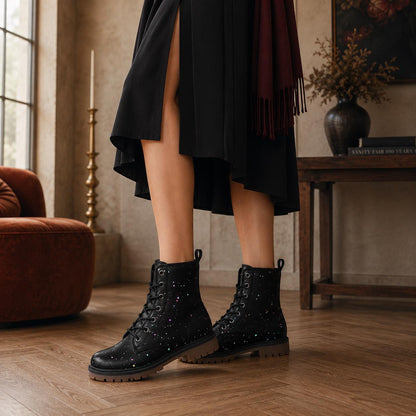 Black Paint Splatter Combat Boots, Colorful Festival Lace Up Ankle Shoes