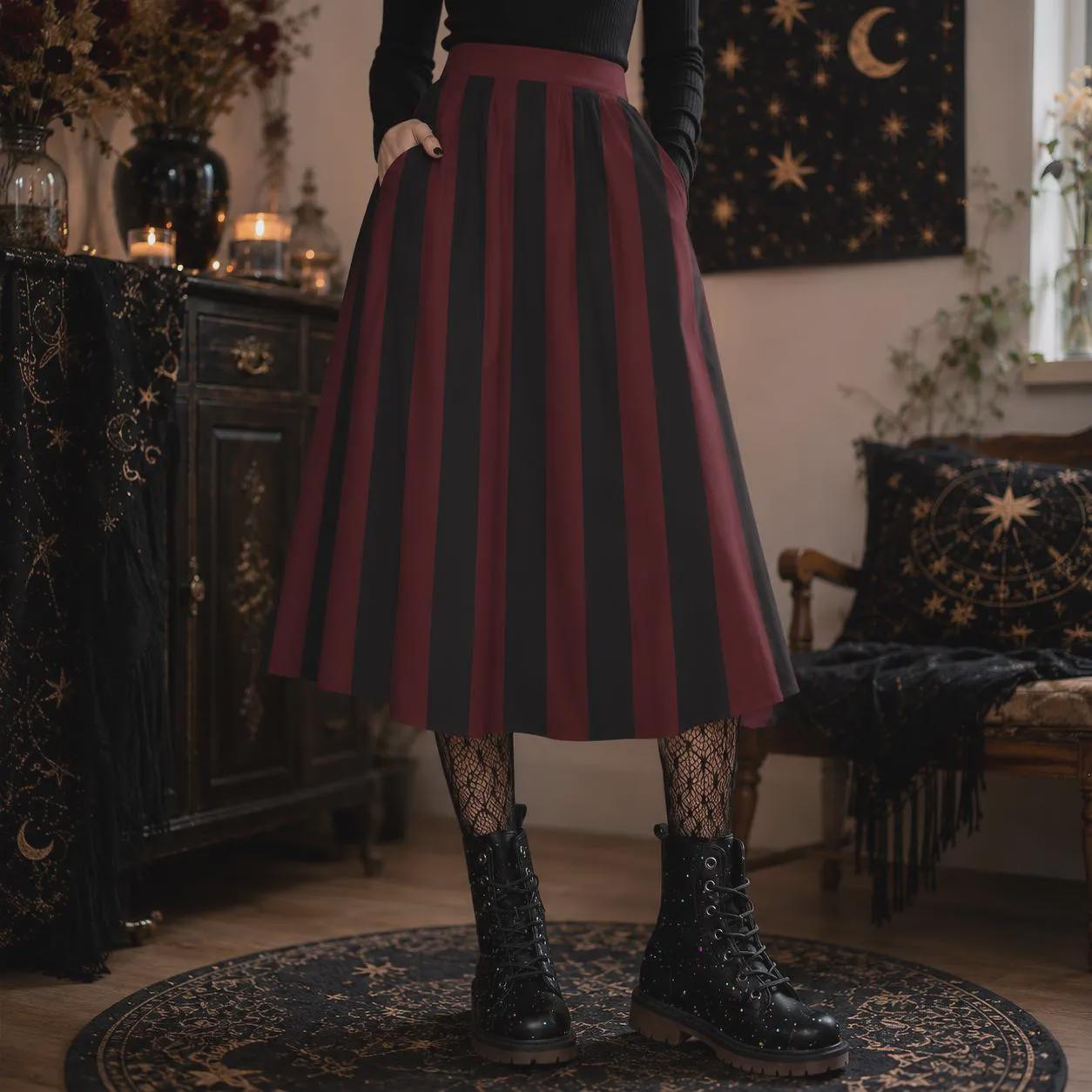 Burgundy Black Striped Midi Skirt, High Waist A Line With Pockets