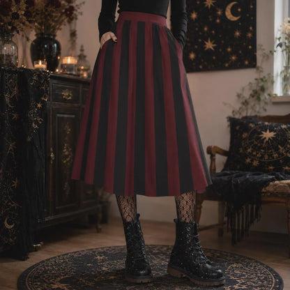 Burgundy Black Striped Midi Skirt, High Waist A Line With Pockets