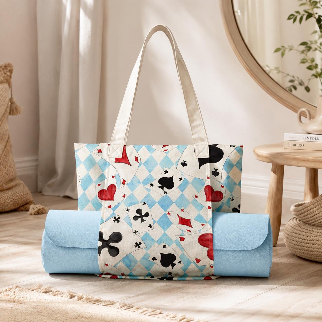 Alice Playing Card Yoga Tote Bag, Blue Harlequin Mat Holder Carryall
