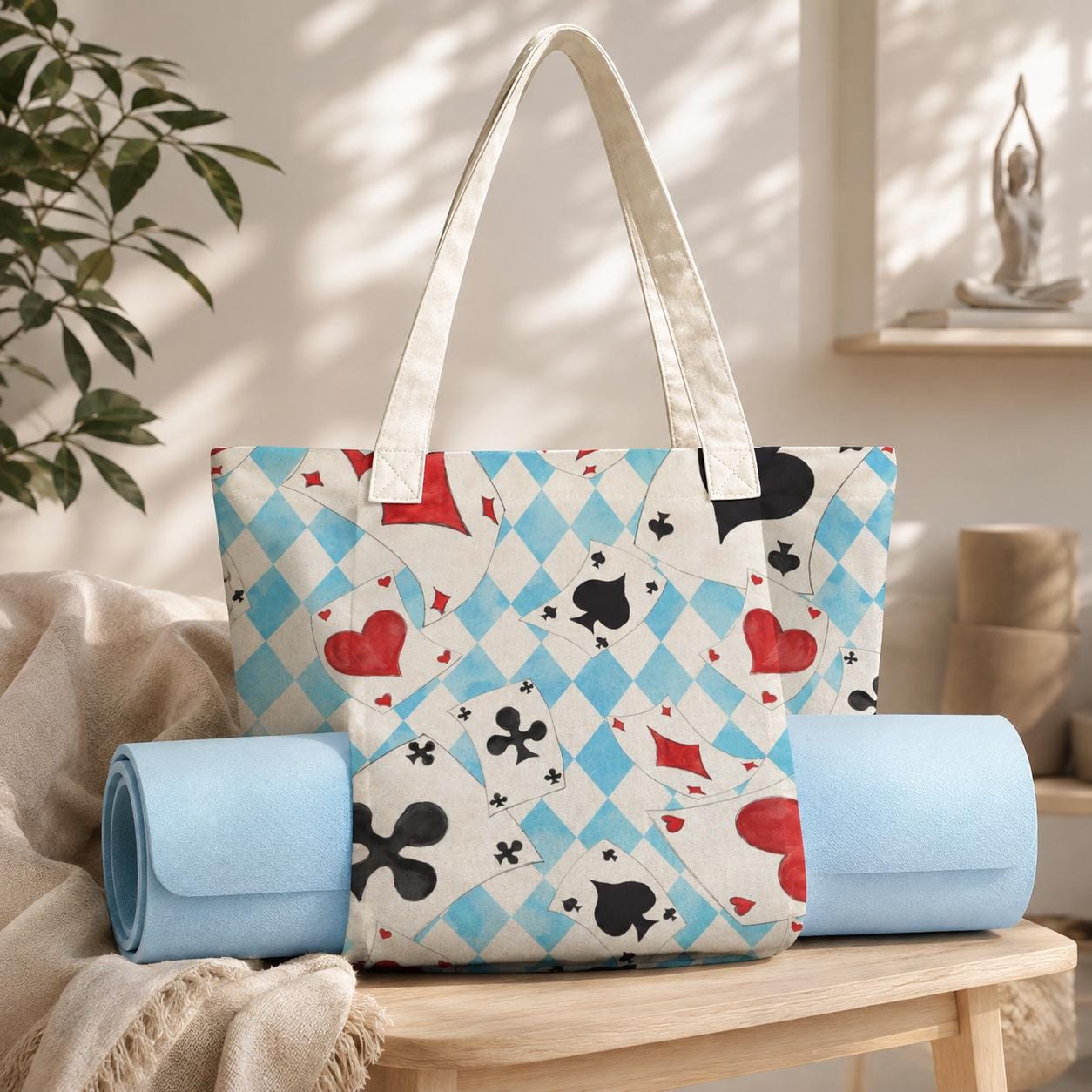 Alice Playing Card Yoga Tote Bag, Blue Harlequin Mat Holder Carryall