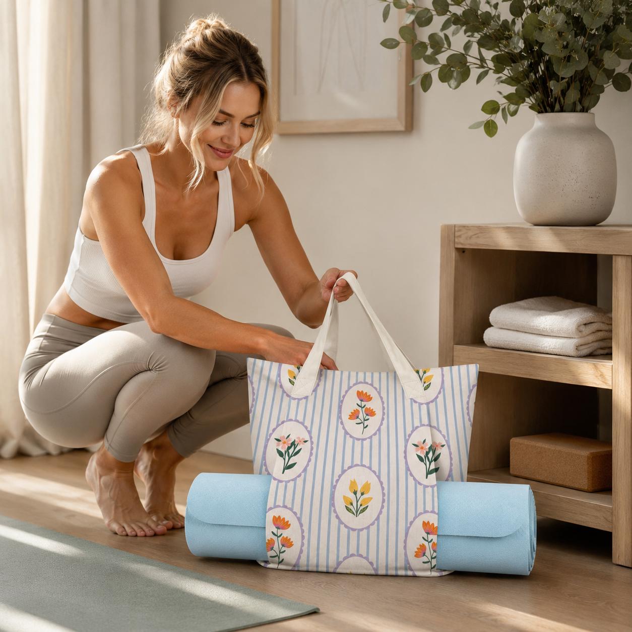 Blue Floral Yoga Mat Bag, Striped Block Print Tote, Pilates Class Carrier