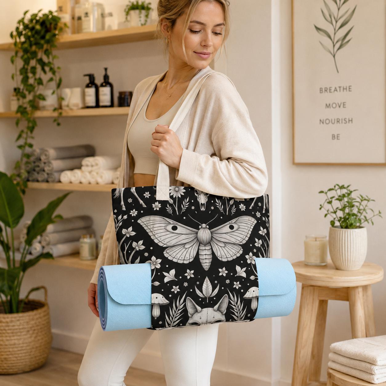 Luna Moth Yoga Mat Tote Bag, Black White Mushroom Skull Print Shoulder Bag