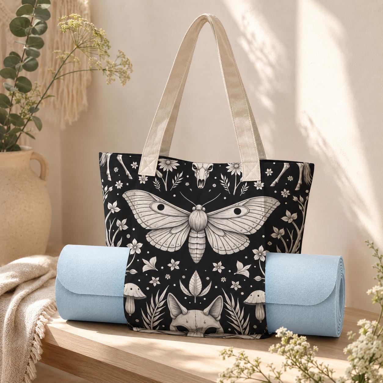 Luna Moth Yoga Mat Tote Bag, Black White Mushroom Skull Print Shoulder Bag