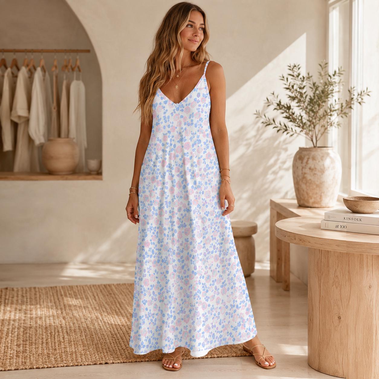 Ditsy Floral Maxi Dress, White Blue Pink Sleeveless Summer Sundress