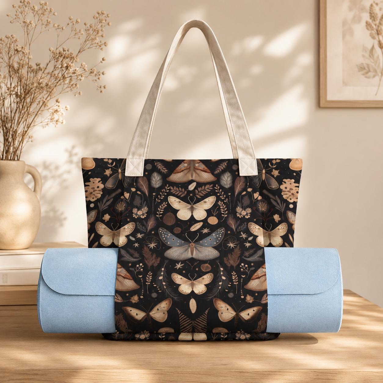 Moth and Butterfly Botanical Print Tote Bag with Cream Shoulder Straps