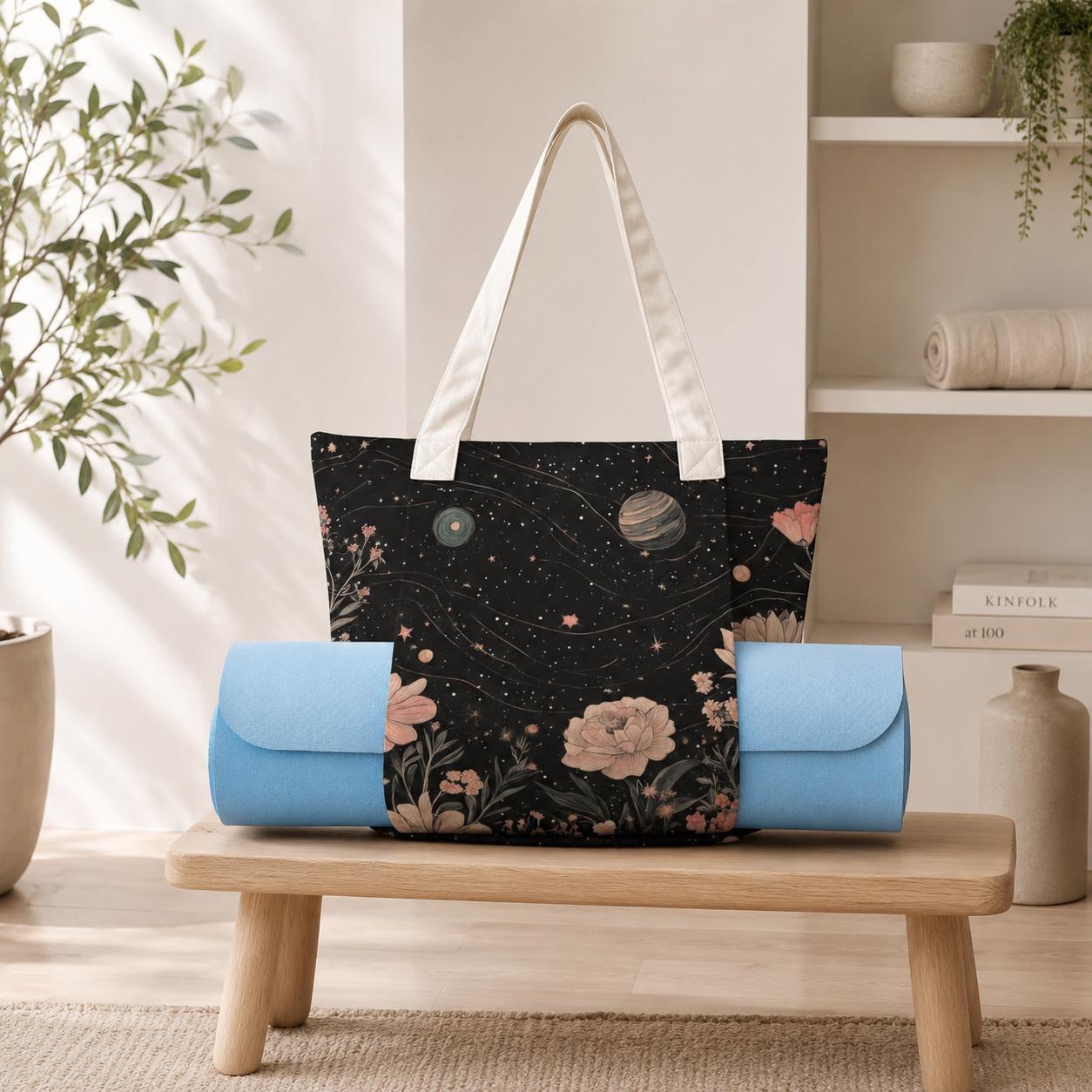 Celestial Floral Tote Bag, Pink Roses, Planets and Stars on Black